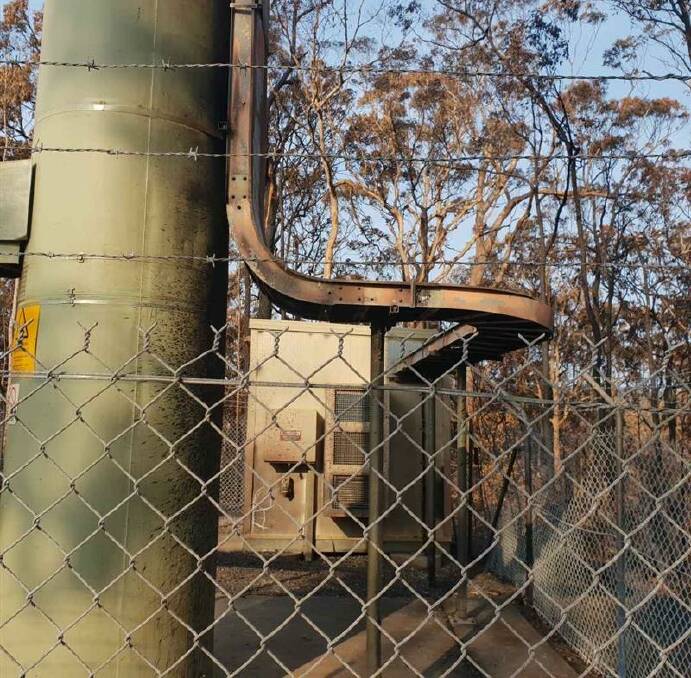 The Telstra mobile phone base at Malua Bay that was damaged after the fires on New Year's Eve. Picture: Supplied. 