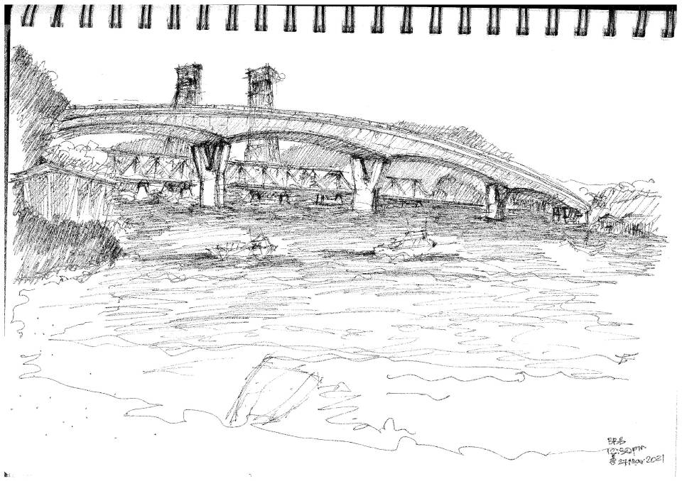 Kash Rangan sketches a view of the two bridges from the Oyster Shed on Wray Street. 