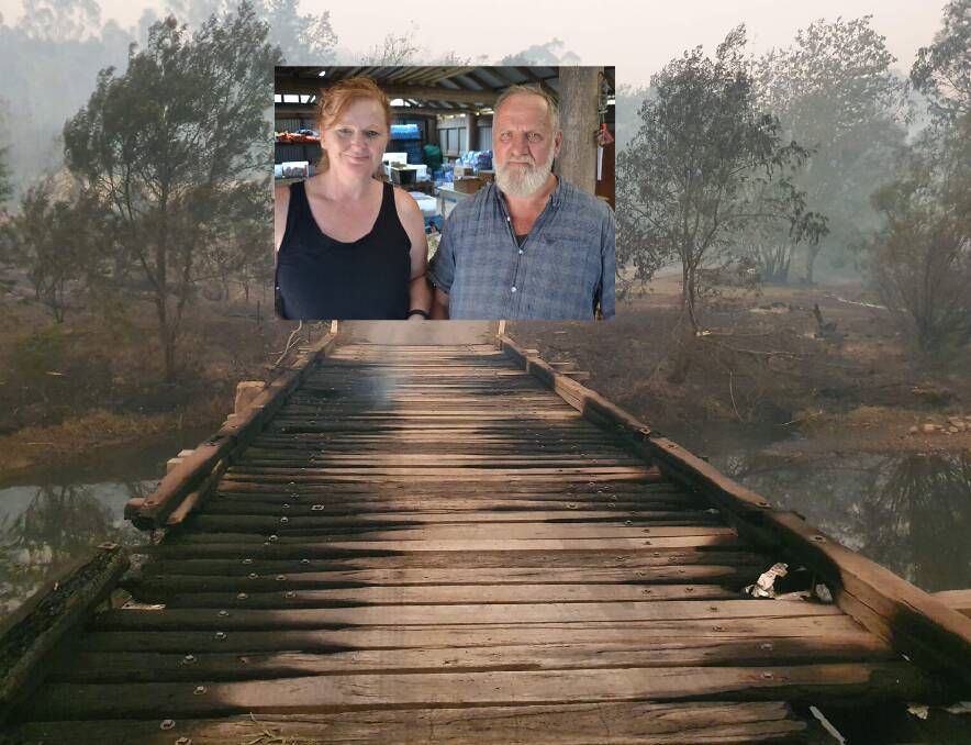 Deb and Ron Threlfall share an image of the bridge before it was repaired. It had burned after the fire, cutting off access to the nearest town of Bodalla. 