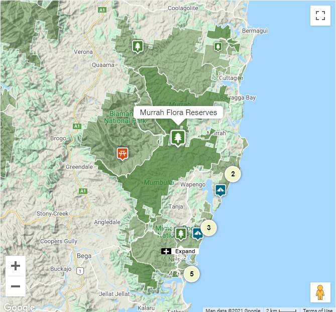 A screenshot of a map from the NPWS website showing the location of the Murrah Flora Reserve.