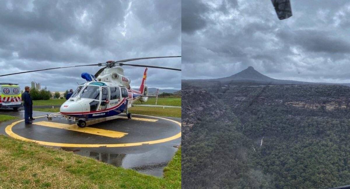 A bushwalker signals for assistance when hiking in the Moreton National Park on Sunday, August 9. Images: Westpac Rescue Helicopter Service.