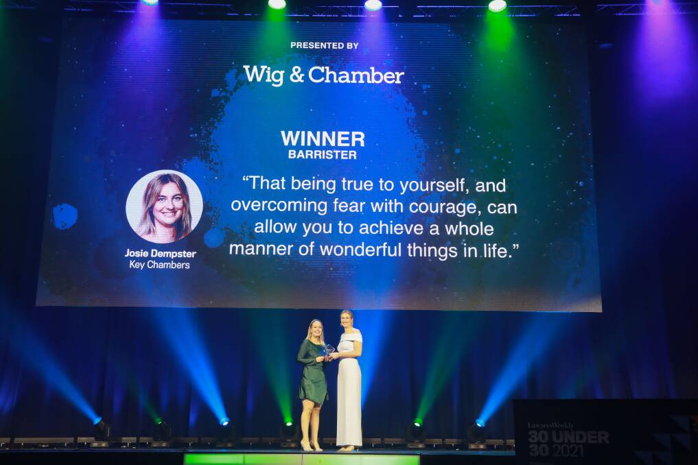Josie Dempster accepts the Barrister of the Year award at the Australian 30 under 30 legal awards in Sydney on June 11. Picture: Supplied. 