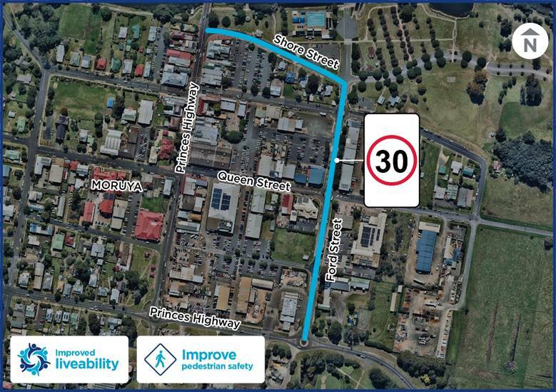 Moruya's Shore Street and Ford Street will be a 30km/h speed zone from November 1. Image: Supplied. 