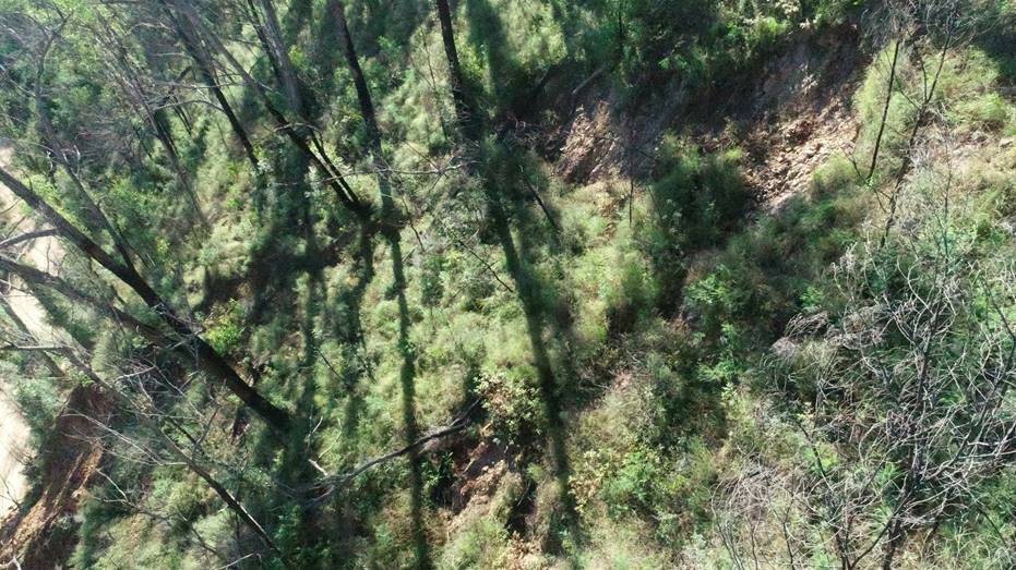 Drone footage shows a major slip failure above the existing landslide on Araluen Road at Merricumbene, closing the road at that point for the foreseeable future. THe council expects to announce a solution for a new road around the Knowles Creek slip in coming weeks. Image: Council. 