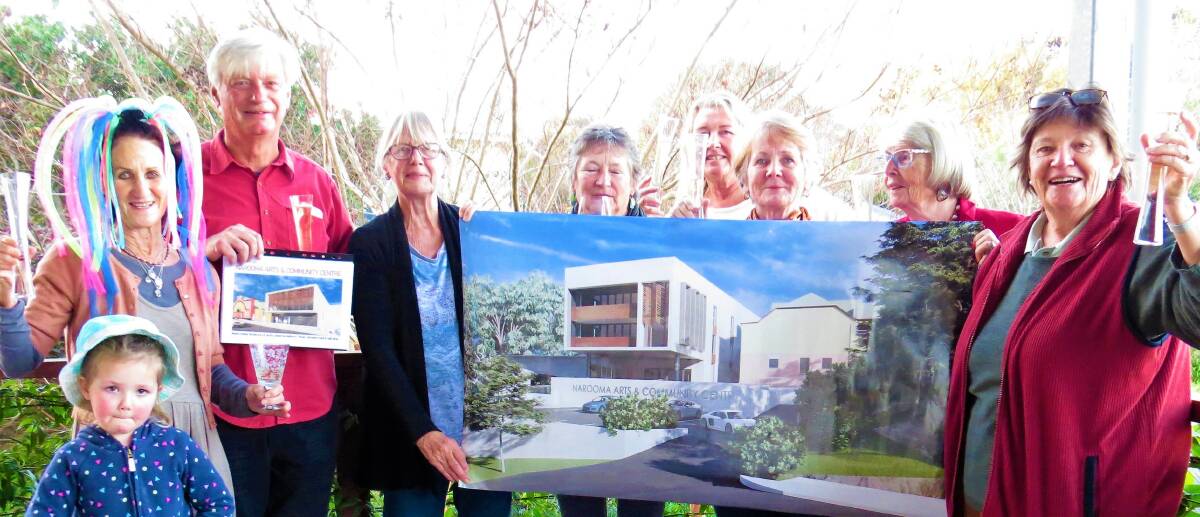 Celebrating news of the grant are Narooma School of Arts president Jenni Bourke, Rob Hawkins, Joy Macfarlane, Anne McCusker, Jenny Hain, Suzanne Dainer, Ingeborg Baker and Laurelle Pacey, Charley Bourke. Photo: Noi Snith.
