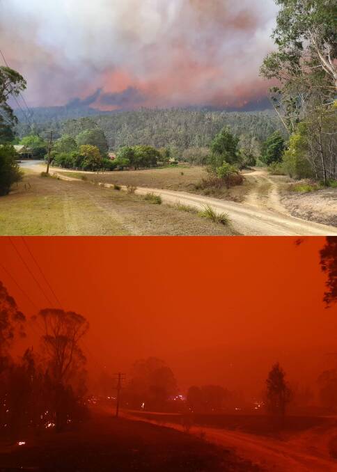 Before and after the fire which rolled off the mountain and down into the valley at Nerrigundah on New Year's Eve. 