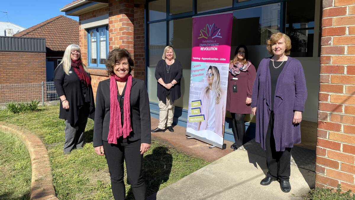 Eurobodalla Councils community development manager Kim Bush, community, arts and recreation director Kathy Arthur, Employment Revolution project officer Amy Kovacs, Employment Revolution coordinator Rhonnie South, and Councils general manager Dr Catherine Dale, outside the new Job Shop in Moruya.