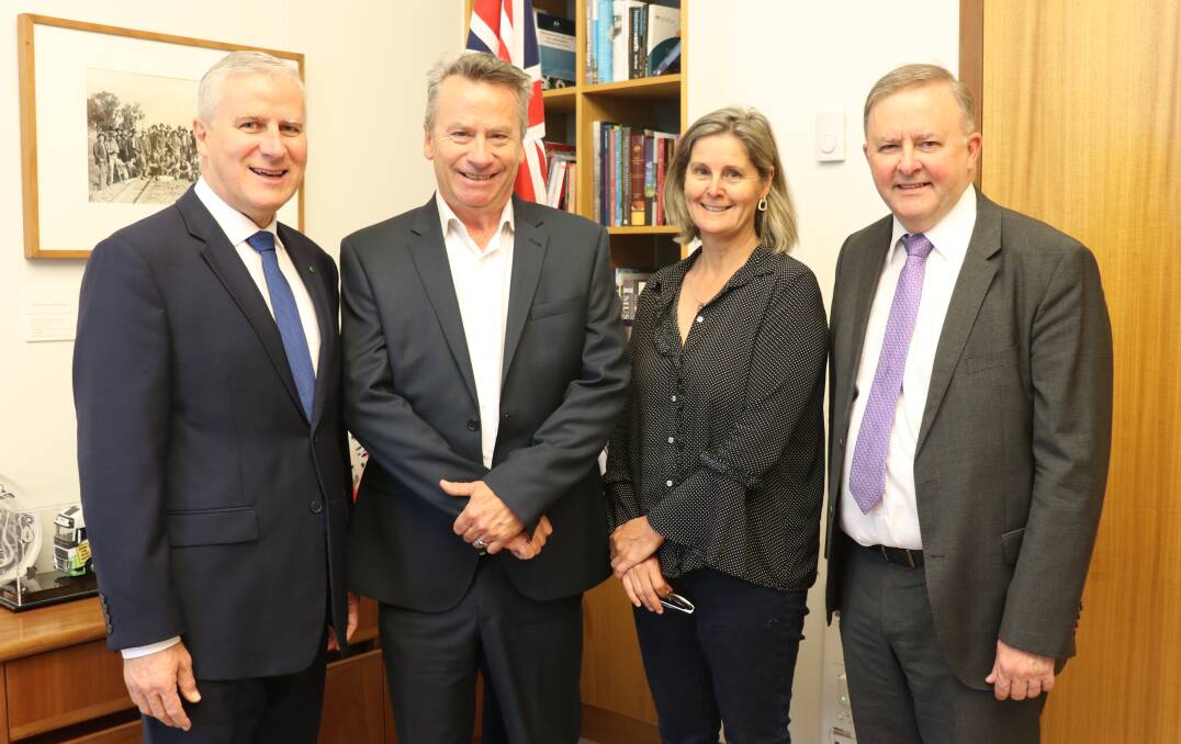 POSITIVE: Deputy Prime Minister Michael McCormack, South Coast Register and Bay Post editors John Hanscombe and Kerrie O'Connor and Shadow Infrastructure Minister Anthony Albanese in Canberra on Wednesday.