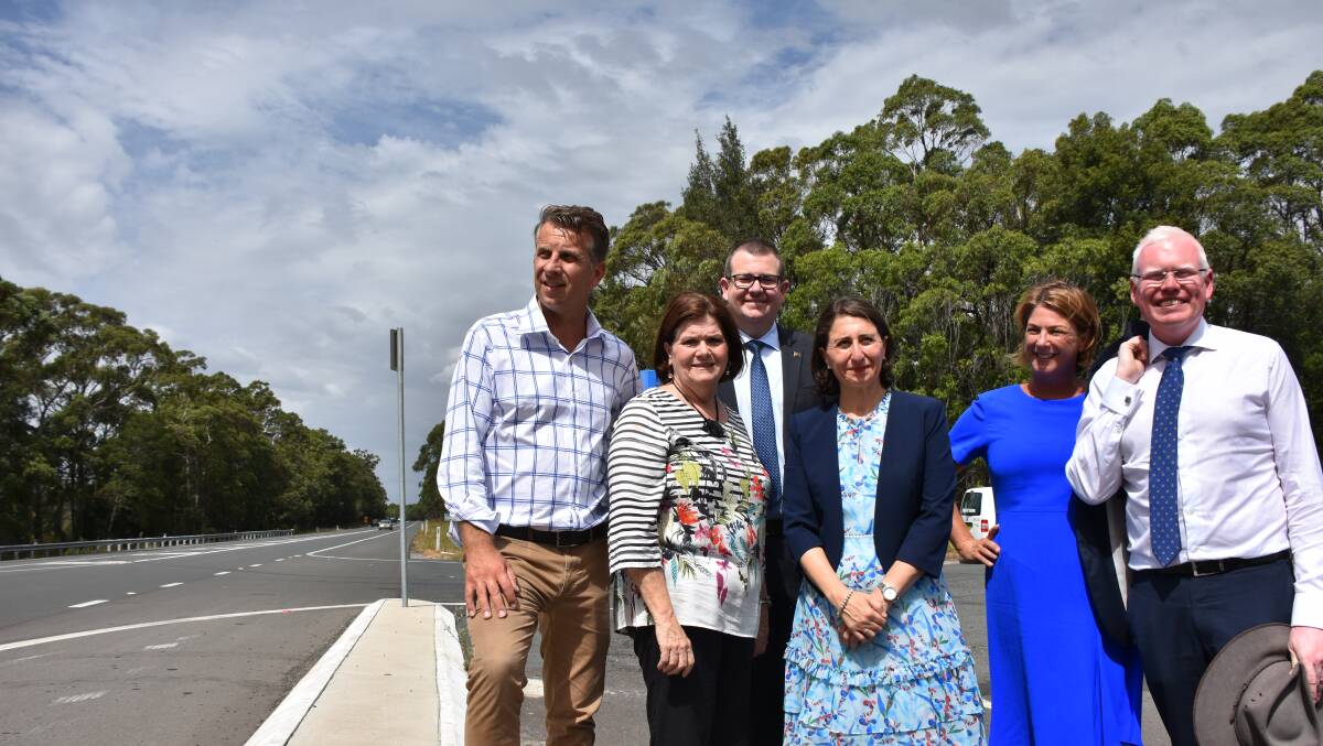 HIGHWAY PLEDGE: Transport Minister Andrew Constance, South Coast MP Shelley Hancock, Shoalhaven councillor Mitchell Pakes, Premier Gladys Berejiklian, Roads Minister Melinda Pavey and Kiama MP Gareth Ward at last week's funding announcement.
