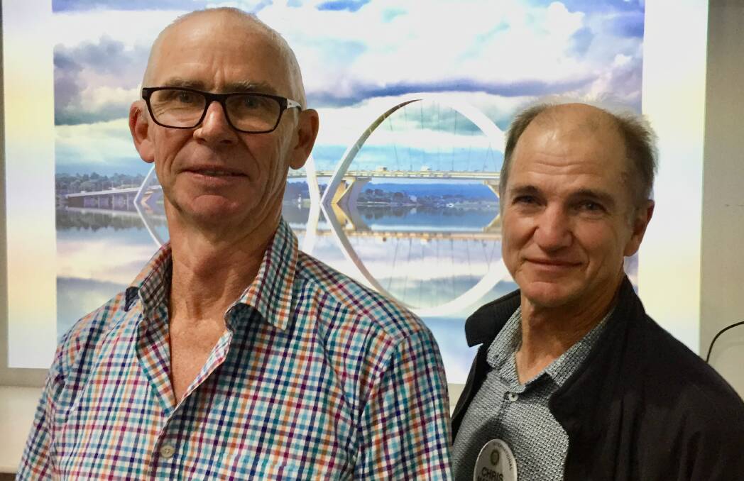 DESIGNS ON ART: Moruya Business Chamber president Tim Dalrymple, left, and Moruya Rotary president Chris Manahan join forces to call for community input into the bypass design.
