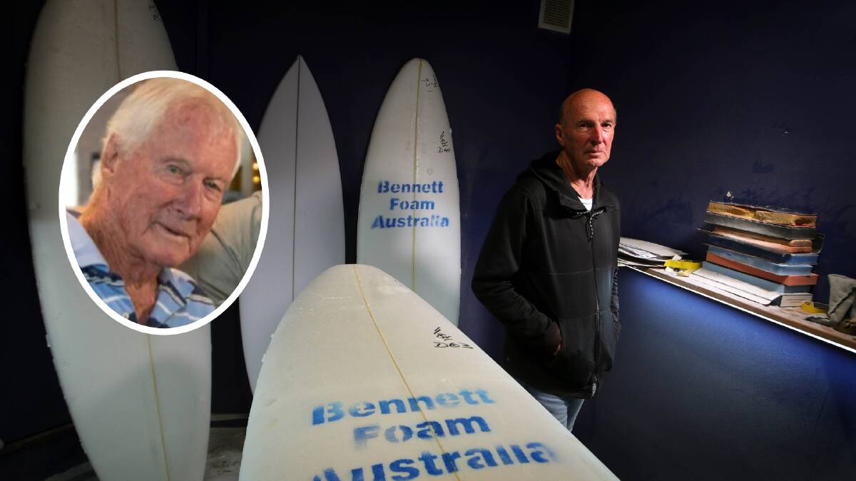 Phil Byrne, of Byrne Surf n Ski, paid tribute to legendary surfboard dude Barry Bennett. Picture: Sylvia Liber.