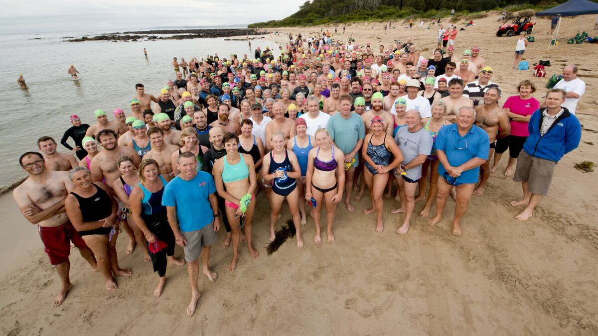 BIG SPLASH: Swimmers line up at a previous Broulee Bay to Breakers ocean swim.