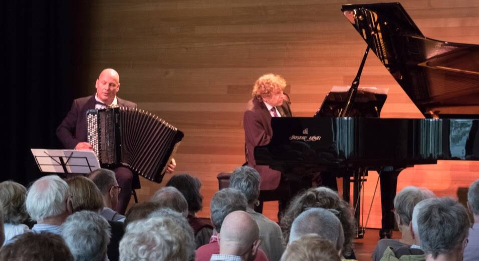 FIRST OUTING: James Crabb accompanies pianist Piers Lane at the inaugaral Windsong concert at Four Winds, south of Bermagui, on Sunday, February 12.