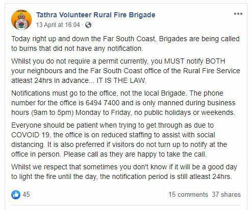 Screenshot of post from the Tathra Volunteer Rural Fire Brigade on Facebook. Image: Facebook 