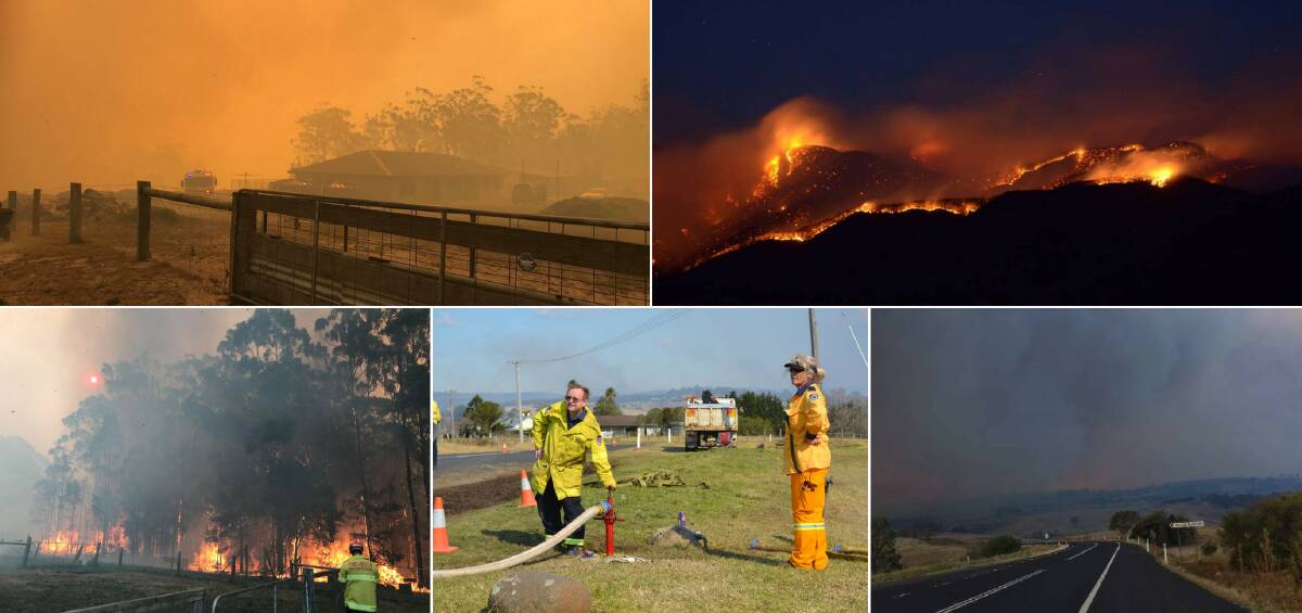 ALL HANDS: Eurobodalla Shire fire crews rushed on Wednesday to help their colleagues in neighbouring shires. Inspector John Moore sent the images at top and bottom left.