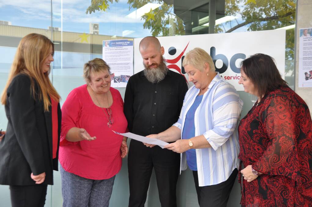 CALLING JOB SEEKERS: Gilmore MP Ann Sudmalis (second from right) with MBC Employment Service's Anna Pinder, Annette Beesley, Garret Elwes and Megan Garrett at the launch of the 2018 Gilmore Apprenticeship Challenge on April 16.