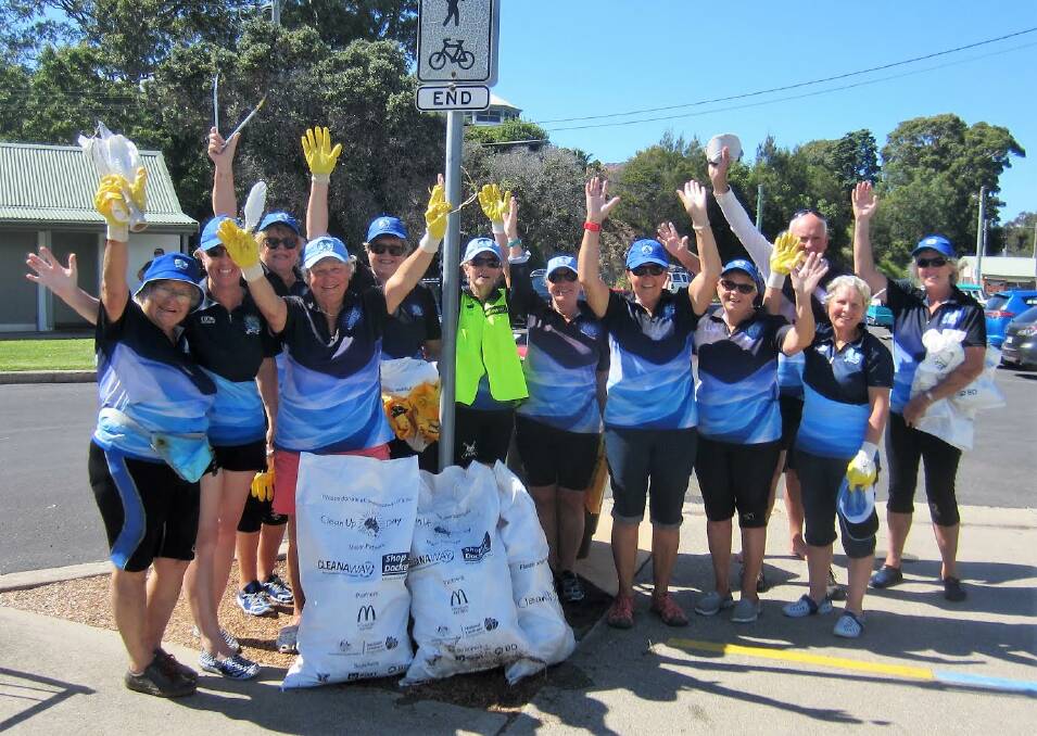 Thea Yates, Kathy Bunyan, Sally Davey, Phyllis Jost, Allison Steele, Libby Shortridge, Carol Meindl, Heather McMillan, Jenny Troy, Ed Proudfoot, Diana Morgan, Jo Moxon of the Narooma Bluewater Dragons worked to clean up Quota Park for Clean Up Australia Day in 2018.