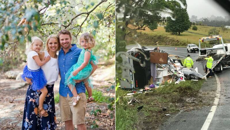 ROAD RISK: The Newton family of Bomaderry were lucky to walk free with minor injuries after a collision with a truck on the Princes Highway, near Termeil, on February 19, 2018. Inset - A photo taken at the scene of the crash.