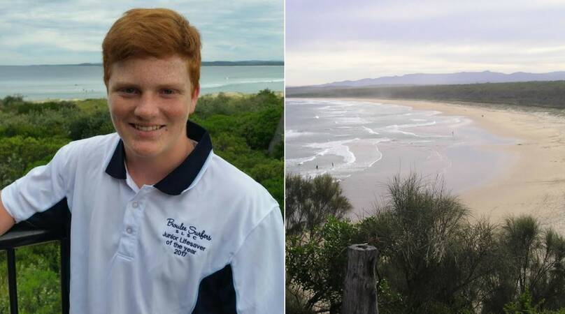 LIFE SAVER: 14-year-old Broulee surf lifesaver Matthew Goddard has been recognised for his brave rip rescue last month (left) and (right) Broulee Beach (Courtesy: Broulee Surfers SLSC).