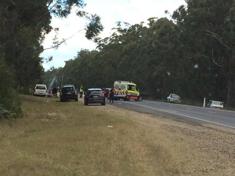 The scene of a car crash on George Bass Drive, Broulee on Sunday afternoon. Photo courtesy: Cammi Coen.