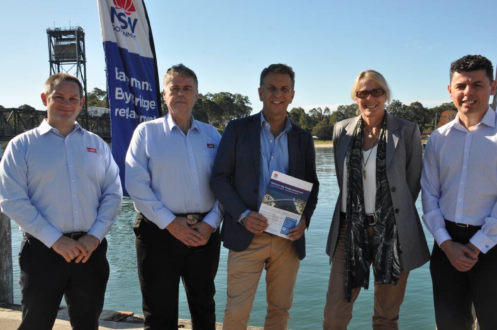ANNOUNCED: Representatives of the John Holland Group, Andy Thompson and bid director Peter Hodge, with Bega MP Andrew Constance, Eurobodalla Shire Mayor Liz Innes and RMS project manager Paul Vecovski at the announcement in Batemans Bay on May 18.