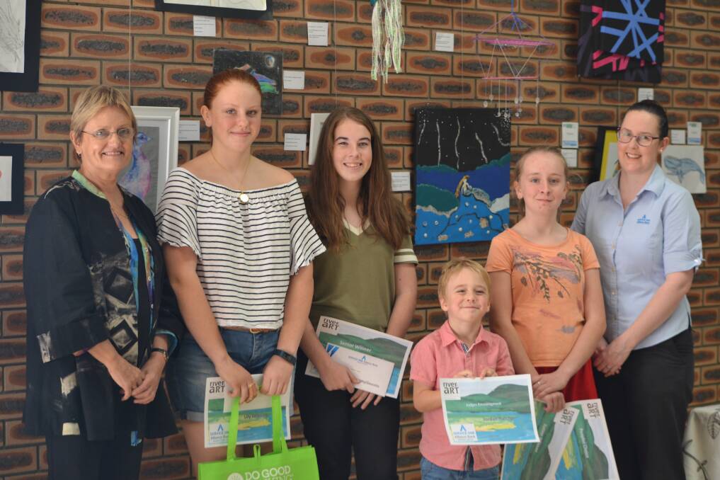 BRIGHT SPARKS: River of Art Festival chairperson Robin Scott-Charlton with Youth Art Prize winners Lily Jackson, Madeleine Forner, Jordan Hatcher, Lilli Daly and Service One Alliance Bank's Shauna Stolzenhein.