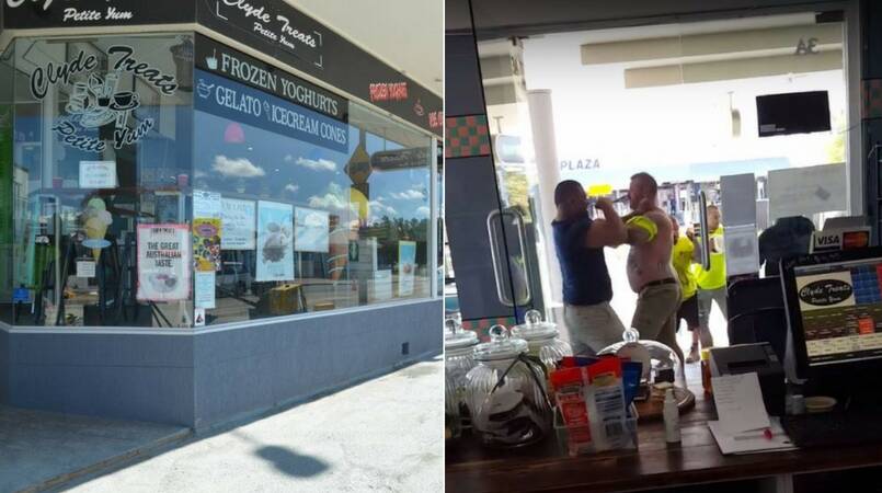 BREAKFAST BRAWLERS: Outside Clyde Treats (left) where six men were involved in a violent brawl in October 2016 (right).