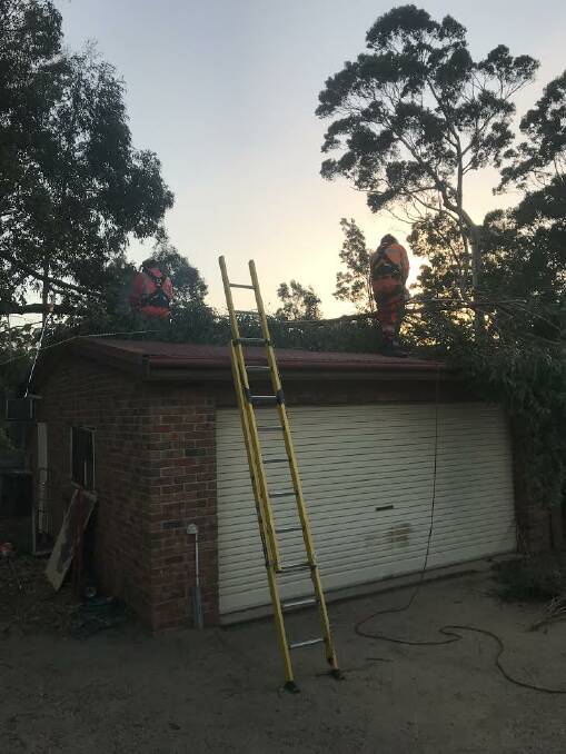 Crew members remove fallen tree branches from a roof in Batehaven after strong winds.
