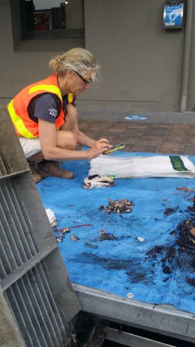Eurobodalla Council's environmental education officer Bernadette Davis logs the items caught in the Drain Buddies on the Australian Marine Debris Database smartphone app.