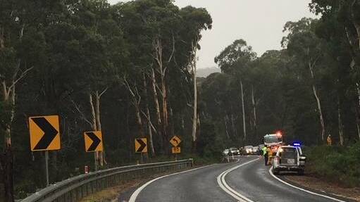 HWY CRASH: Emergency services attending the crash scene on the Kings Highway, south of Braidwood on Monday morning.