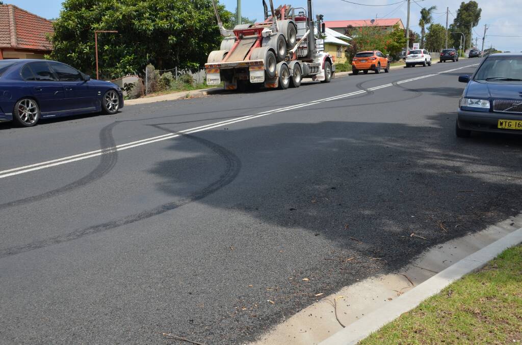 A trail of rubber left behind at the intersection of Orient Street and the Princes Highway in Batemans Bay.