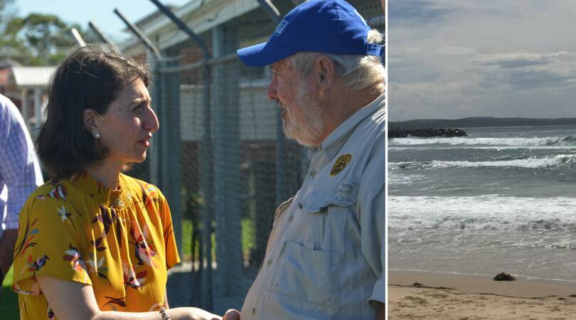 BOATING TRAGEDY: NSW Premier Gladys Berejiklian speaks about marine safety at Moruya Wharf on Monday. Pictured with Tuross Head Fishing Club's Max Castle (left); and right, the conditions at the Moruya bar where a Canberra teenager died on March 24. 