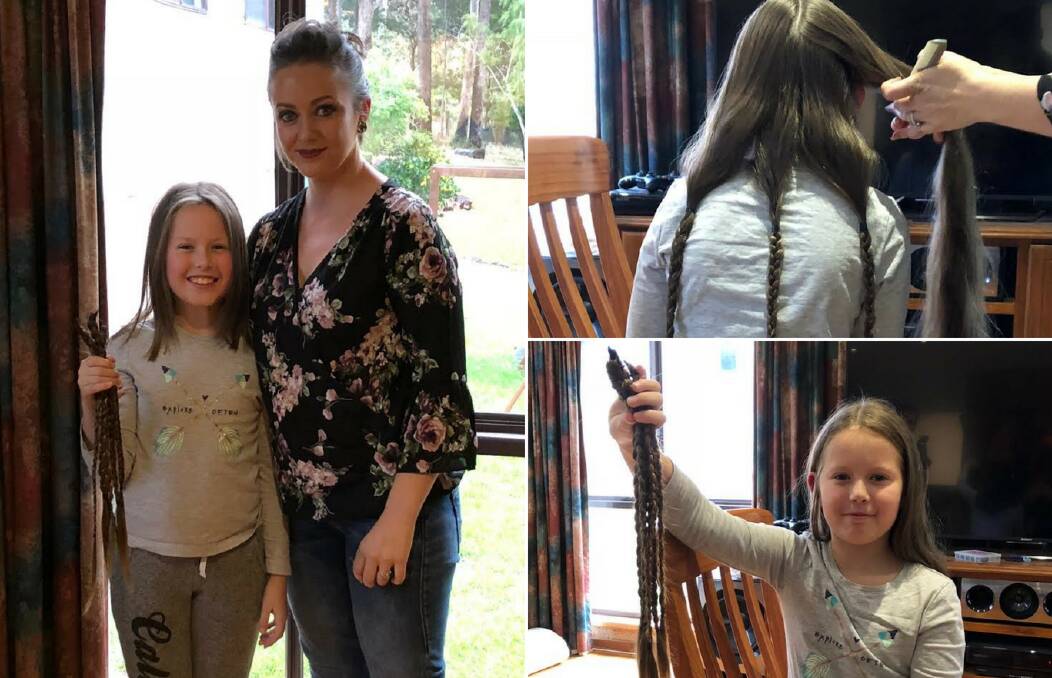CHAMPION FOR CHARITY: Ellie-Rose Dixon has raised $1300 for children's cancer after getting 40cm of her long locks cut for charity this month. Pictured left with Moruya hairdresser Leney.