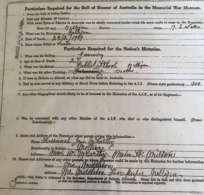 DOCUMENT: Part of Sgt McCarthy, then Private McCarthy's papers.
