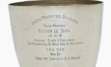HISTORIC CUP: The sterling silver cup Sgt McCarthy won onboard Mazar on December 14, 1918, for the Richon Plate 6 furlongs cup staged at Richon Le Zion, as part of an Anzac Mounted Division race meeting. Image: Australian War Memorial