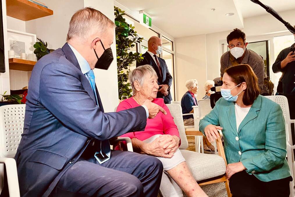 CHAT: Gilmore MP Fiona Phillips and Labor leader Anthony Albanese chatting with resident Pat Morrison at United Aged Care's Symons House in Nowra. Photo: Fiona Phillips Facebook