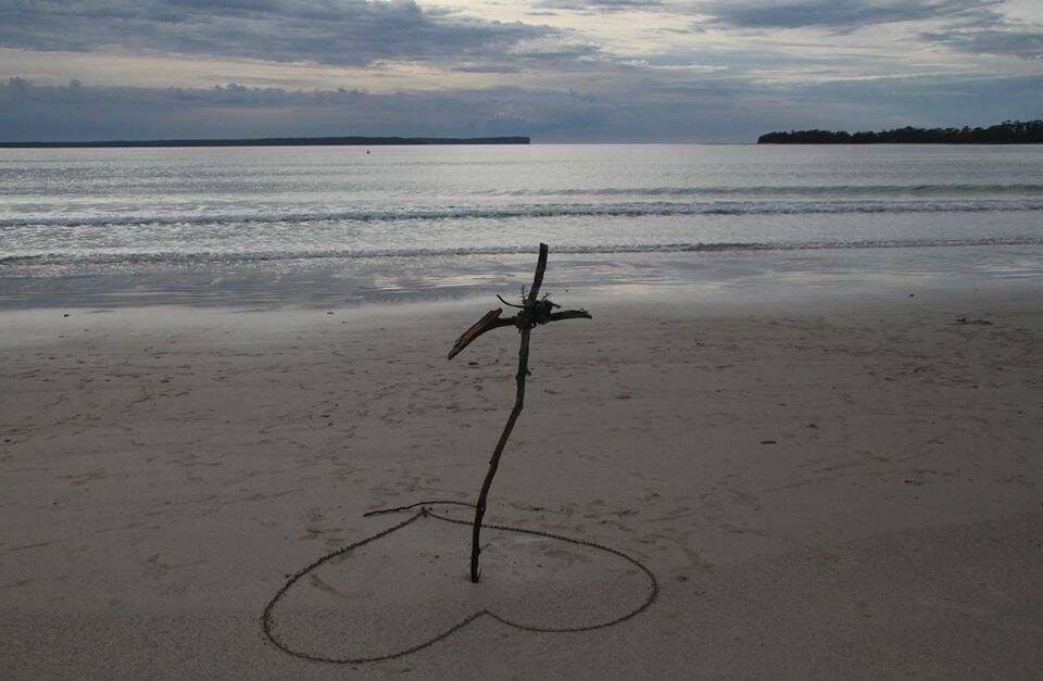 A beautiful tribute to the late Sally Holland on Collingwood Beach at Vincentia on Monday morning. Photo: Elaine Donovan
