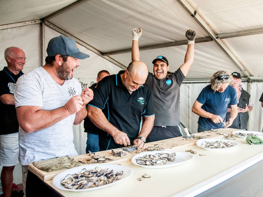 2018 Shucking Champ: The winner of last year's men's competition was Australias Oyster Coast shucker Gerard Dennis who narrowly beat his former boss Jim Yiannaros (second from left) who together with his twin brother John have been the only champions since the perpetual trophys inception.
