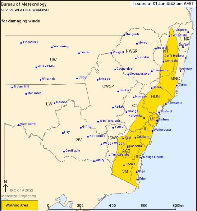 WEATHER WARNING: The Bureau of Meteorology [BoM] has continued its severe weather warning for damaging winds for large parts of the state including the Illawarra and South Coast.
