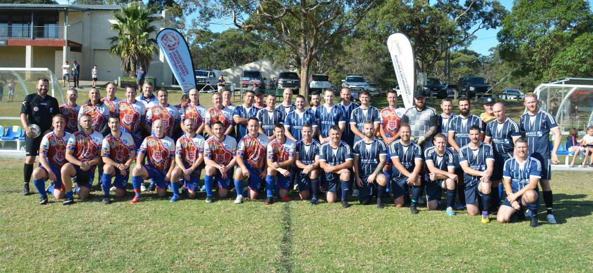 The South Coast Dolphins and Lake Illawarra Lions gather for a photo prior to playing for the Steven "Jonno" Johnson Memorial Shield.