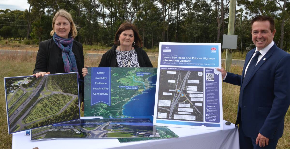 ANNOUNCEMENTS GALORE: Transport for NSW Regional Director Southern Sam Knight, South Coast MP Shelley Hancock and Minister for Regional Transport and Roads Paul Toole look over the proposals for the Princes Highway south of Nowra..
