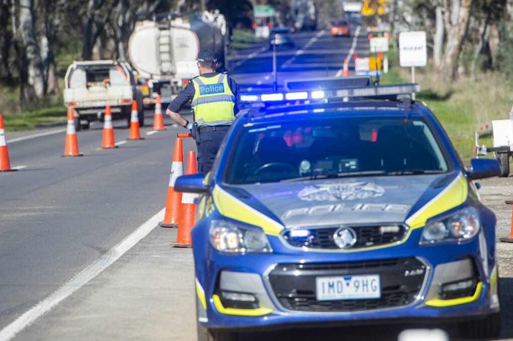 A police checkpoint in Heathcote during the "ring of steel" phase of travel restrictions in 2020. Picture: DARREN HOWE