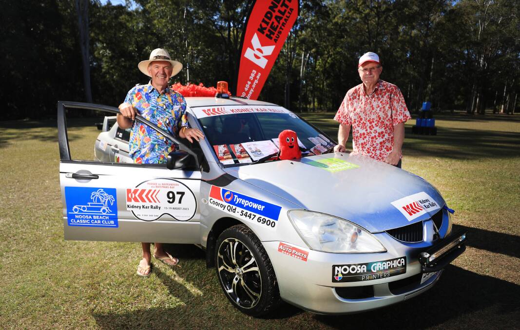Graeme Mead and Bruce Chamberlain with one of the cars that will journey over 3000km of NSW raising money for kids with kidney disease. Picture supplied. 