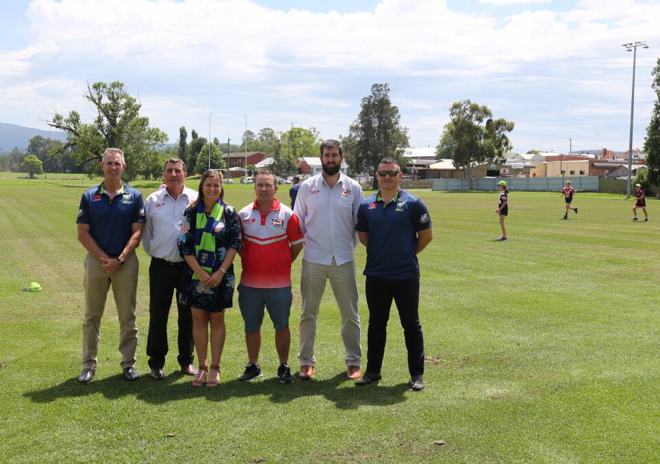 Canberra Raiders CEO Don Furner with Bega Valley Shire Mayor Kristy McBain and Group 16 officials ahead of the trial game. 
