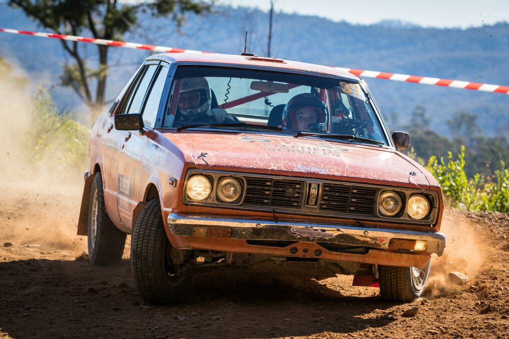 Getting muddy: Lynda Leigh and co-driver Moruya's Maisie Place tear through an Eden stage of the Bega Valley Rally. Picture: Roy Meuronen Photography