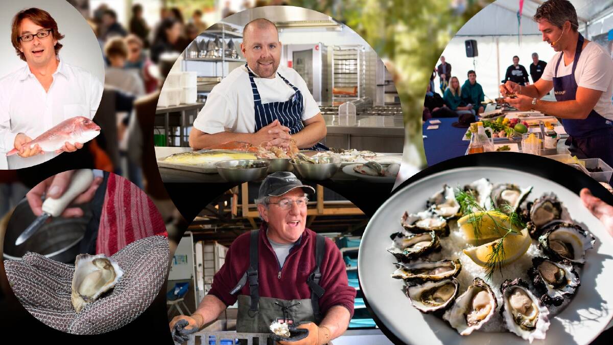 John Susman, top left, judging the shucking competition, executive chef Colin Barker of The Boathouse in Sydney, Dave Campbell of Wharf Road in Nowra, and South Coast oyster farmers including David Maidment of Narooma.  