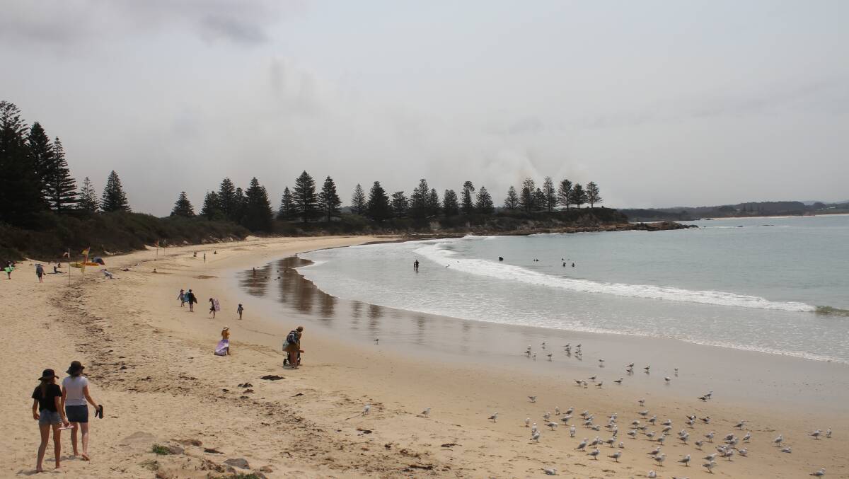 Residents enjoy the beach at Bermagui while fire continues to burn on January 24. picture: Alasdair McDonald