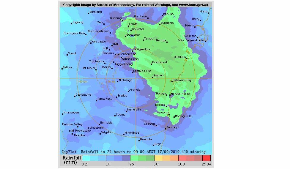 Rainfall map for the South Coast on Tuesday. Picture: Bureau of Meteorology