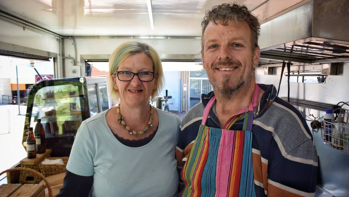 Far Away Farm’s Nicky Harris and Chris Aitken at the weekly Bega Produce Markets. Picture: Alasdair McDonald
