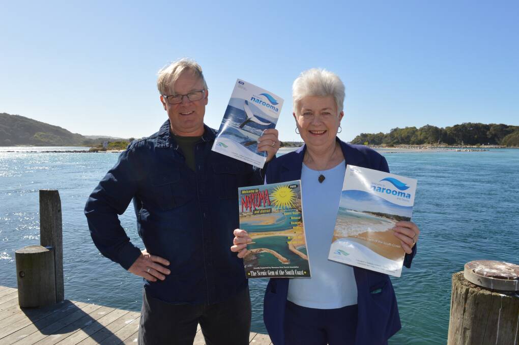 100th edition: Graphic designer Chris Westoll and publicist Chris O'Brien with the 100th edition and first editions of the tourist magazine Welcome to Narooma and District.